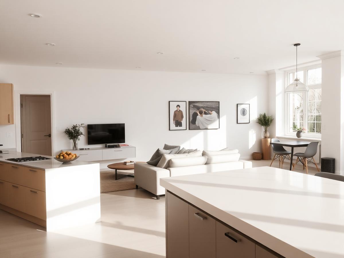 Living y cocina de vivienda contemporánea con superficies limpias