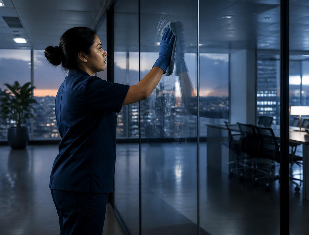 Persona limpiando una mampara de vidrio en una oficina moderna al atardecer