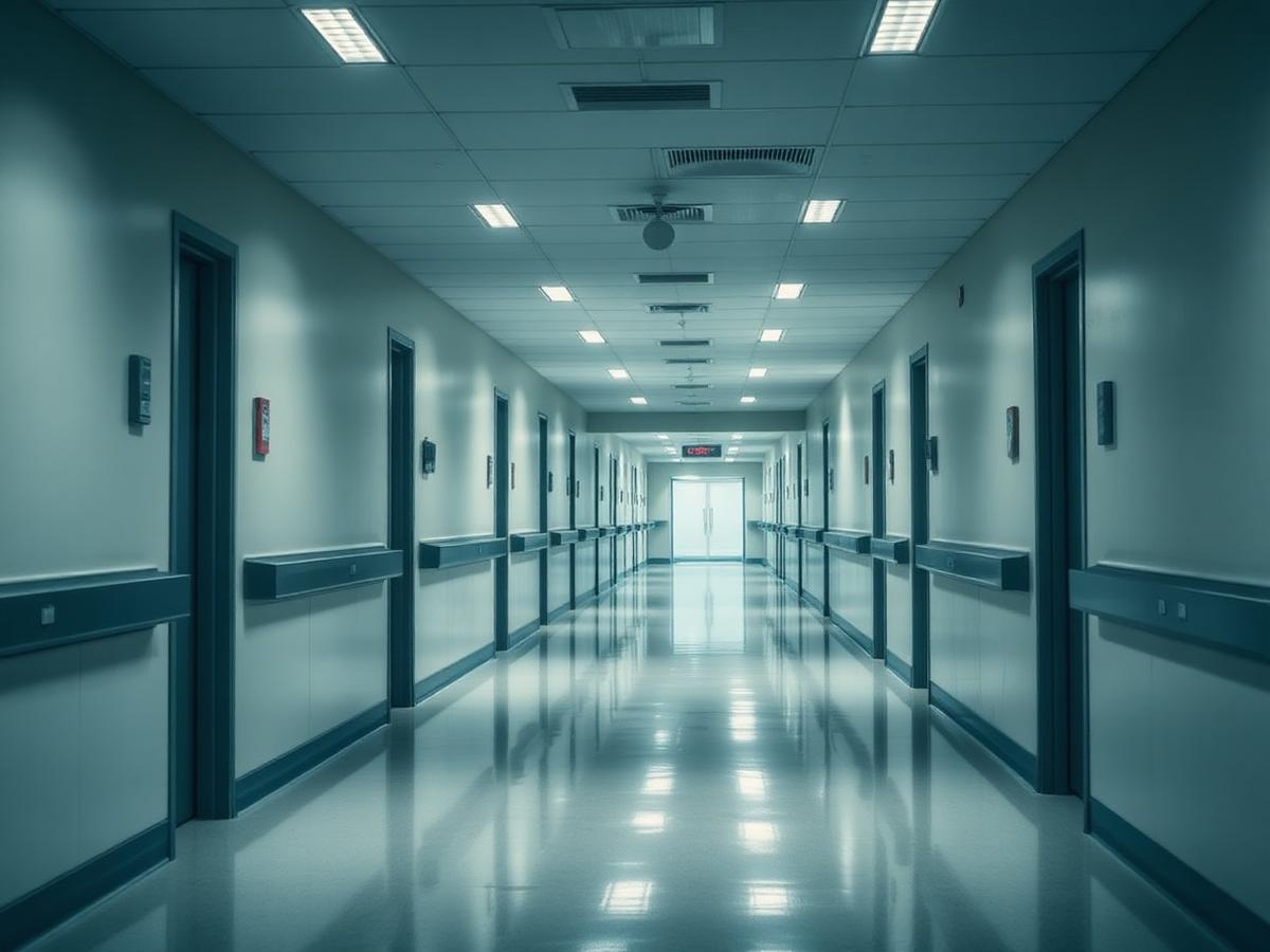 Pasillo de institución de salud con pisos impecables